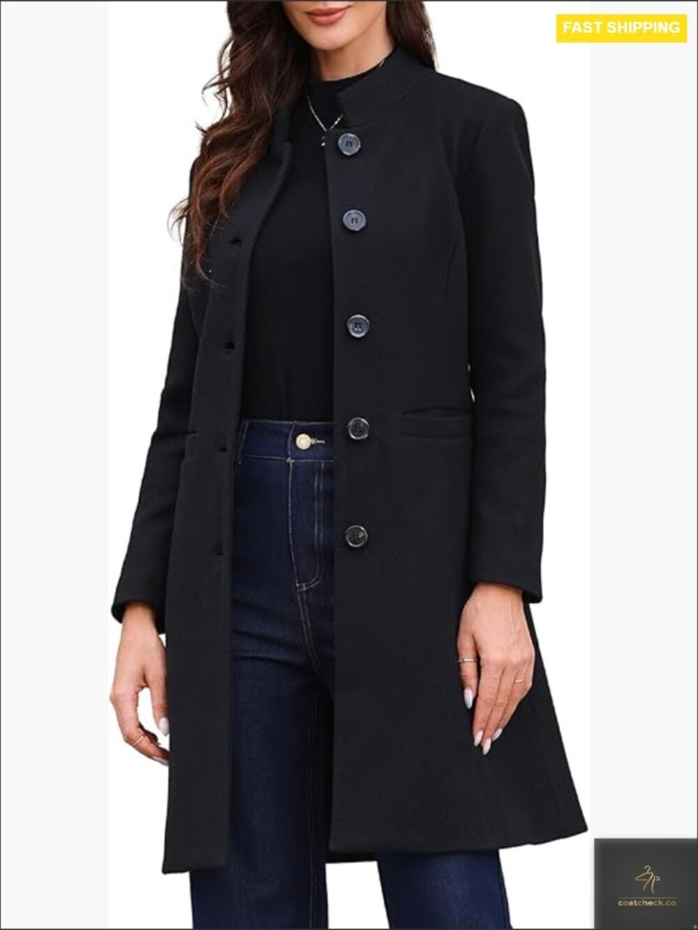 Pea Coat Stand Collar Single Breast Long Winter Coat with Pockets